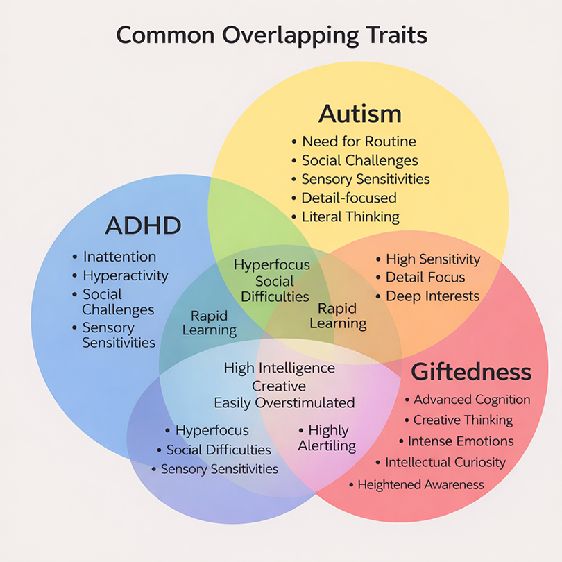 Venndiagram met gemeenschappelijke eigenschappen van ADHD, autisme en hoogbegaafdheid